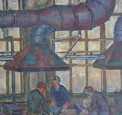 Oil painting by Gurvich Elena Iosifovna: rusted industrial ventilation ducts with conical hoods
