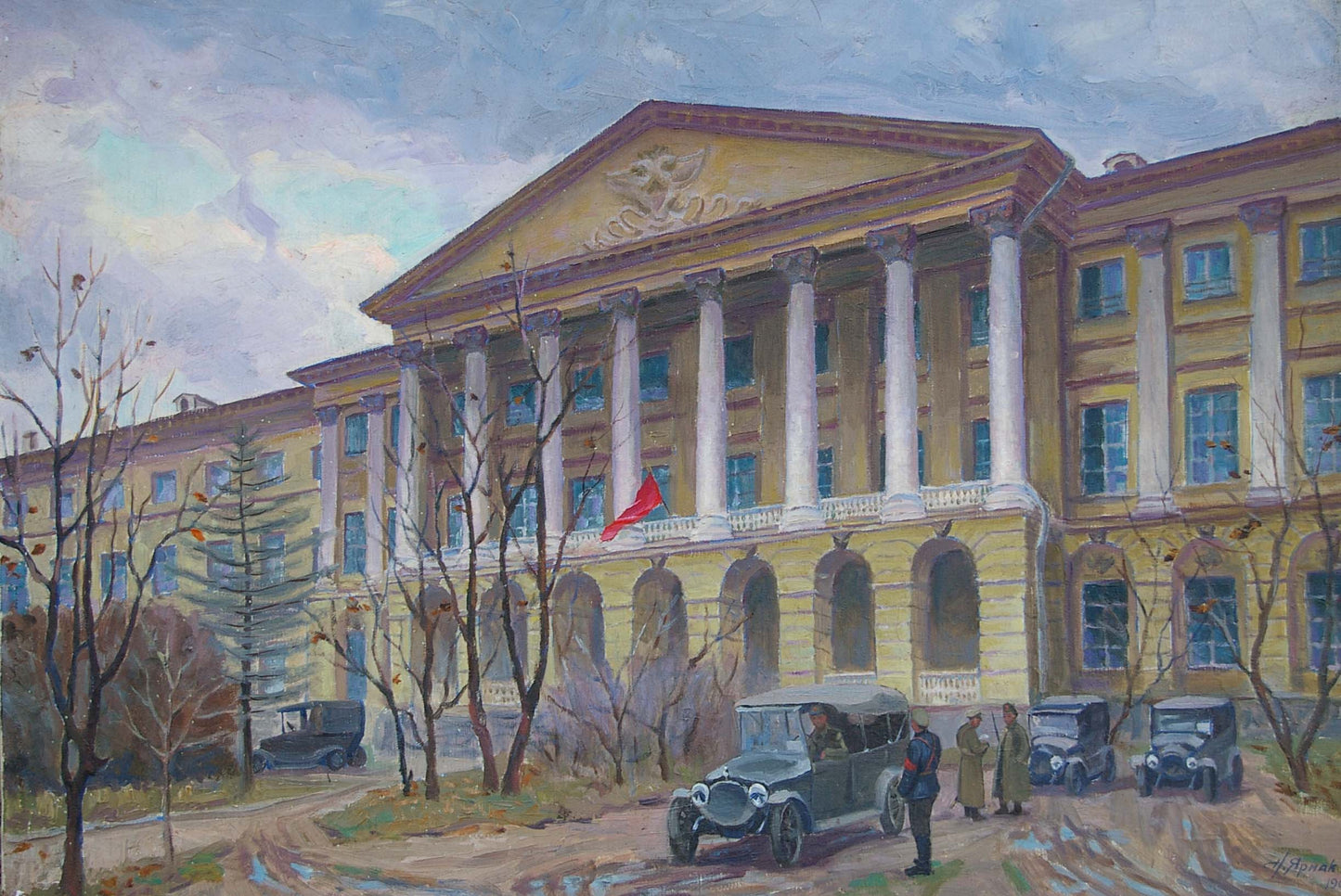 Oil painting of yellow classical Yarmak P administrative building with white columns and red flag