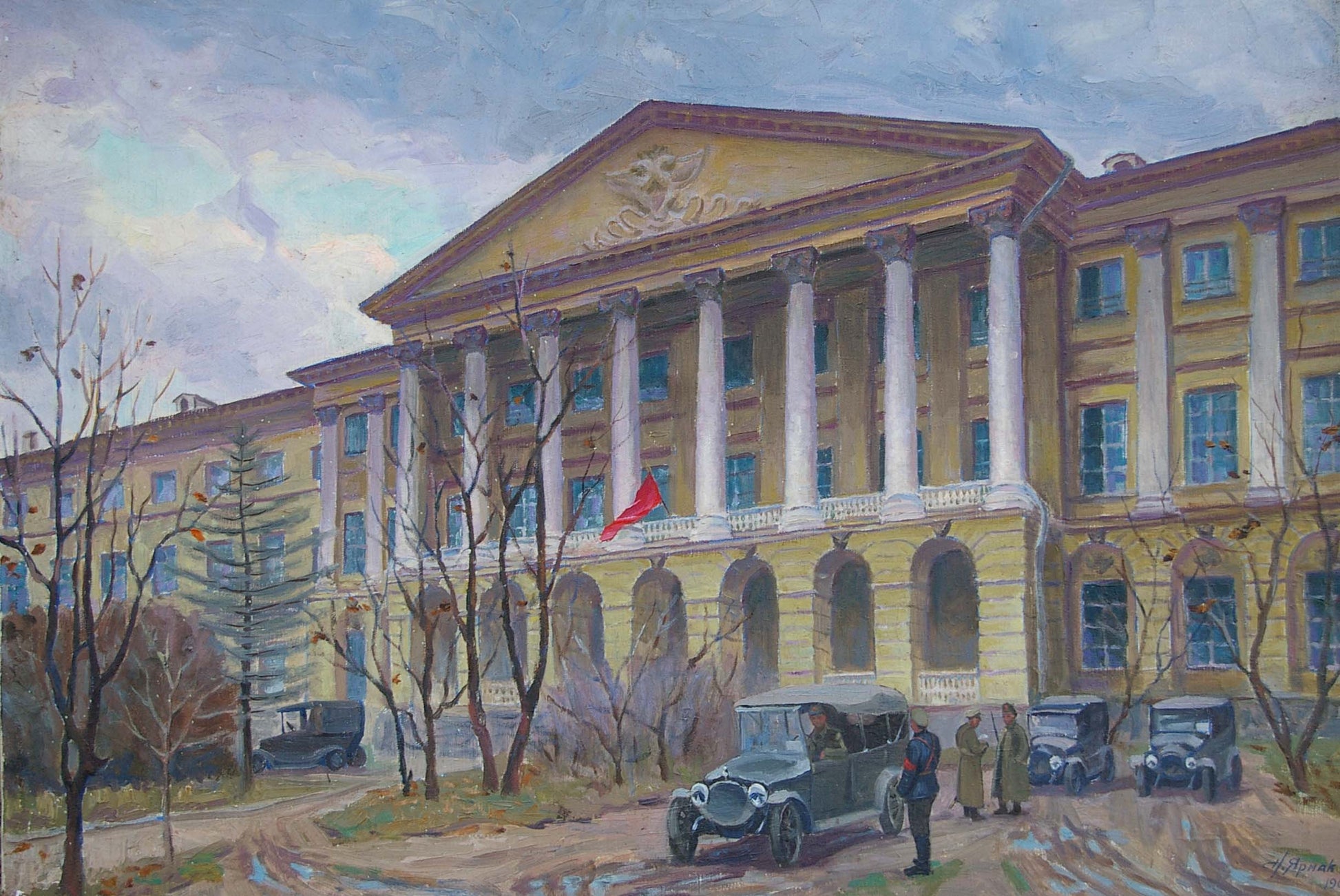 Oil painting of yellow classical Yarmak P administrative building with white columns and red flag