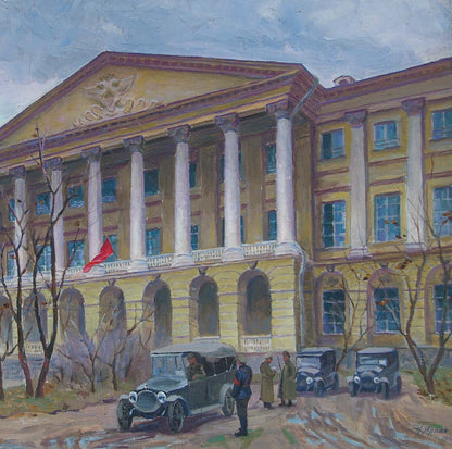 Oil painting of yellow classical Yarmak P administrative building with white columns and red flag