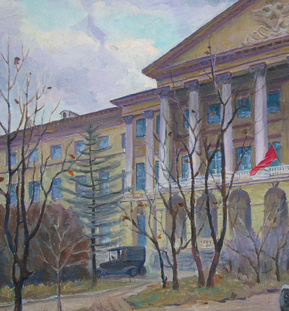 Oil painting of yellow classical Administrative building Yarmak P with white columns and red flag