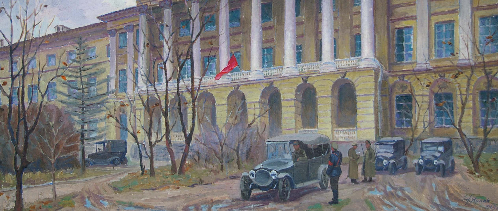 Oil painting of grand yellow Yarmak P administrative building with columns
