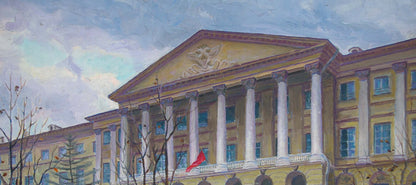 Oil painting of yellow classical Yarmak P administrative building with white columns and red flag