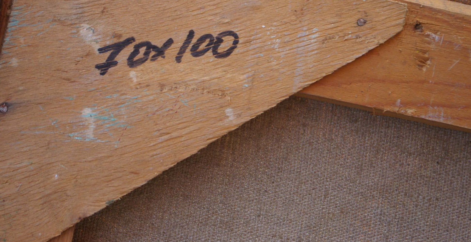 Back of Oil painting Administrative building Yarmak P with fox 100 marker on wooden stretcher bar