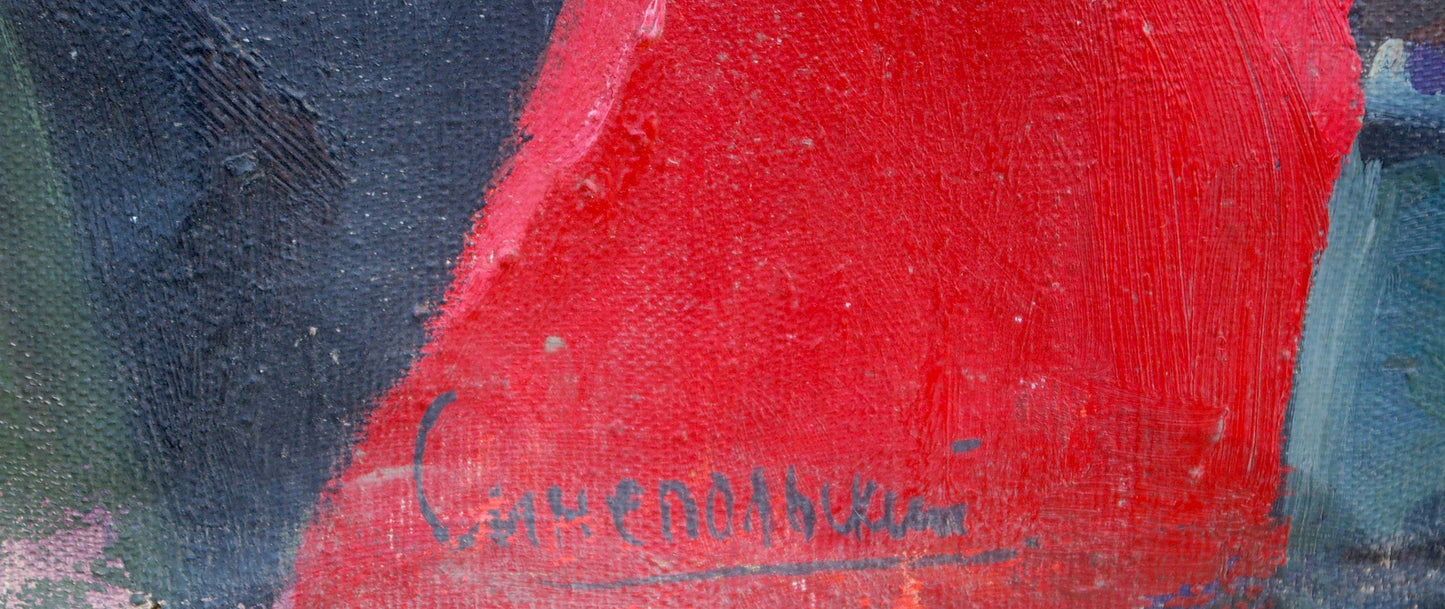 Oil painting of Lenins speech by Sinepolsky Igor Ivanovich, bold red brushstrokes next to blue green textures