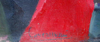 Oil painting of Lenins speech by Sinepolsky Igor Ivanovich, bold red brushstrokes next to blue green textures