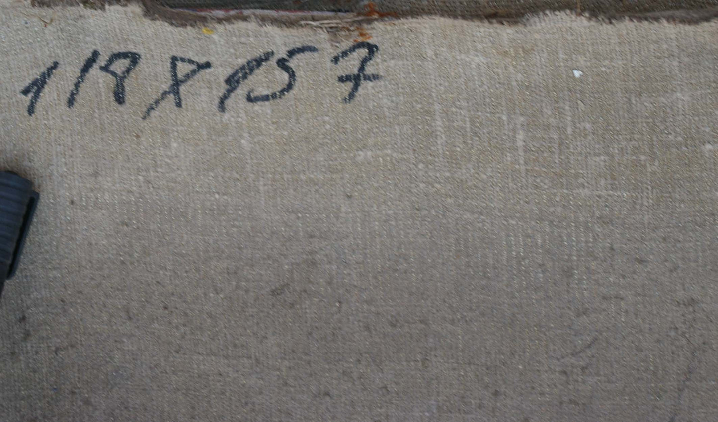 Back of Oil painting Lenin’s speech by Sinepolsky Igor Ivanovich, beige textured fabric with black handwritten markings