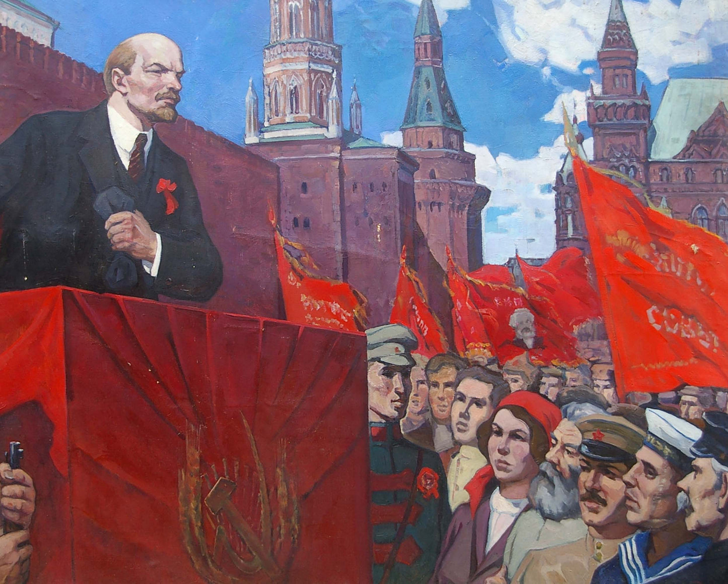 Oil painting of vibrant red Soviet flag with hammer and sickle at Lenins speech by Rusin Arkady Viktorovich