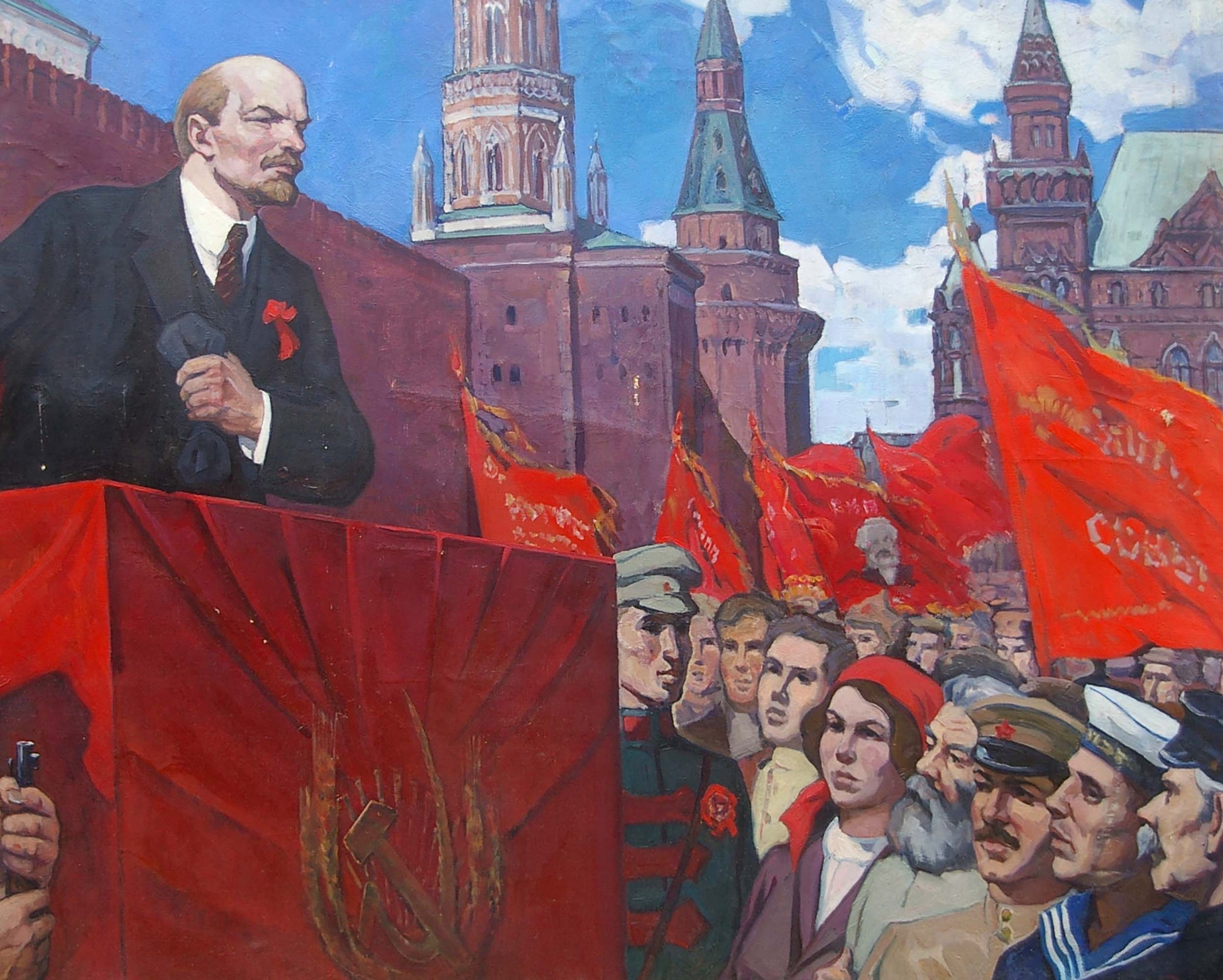 Oil painting of vibrant red Soviet flag with hammer and sickle at Lenins speech by Rusin Arkady Viktorovich