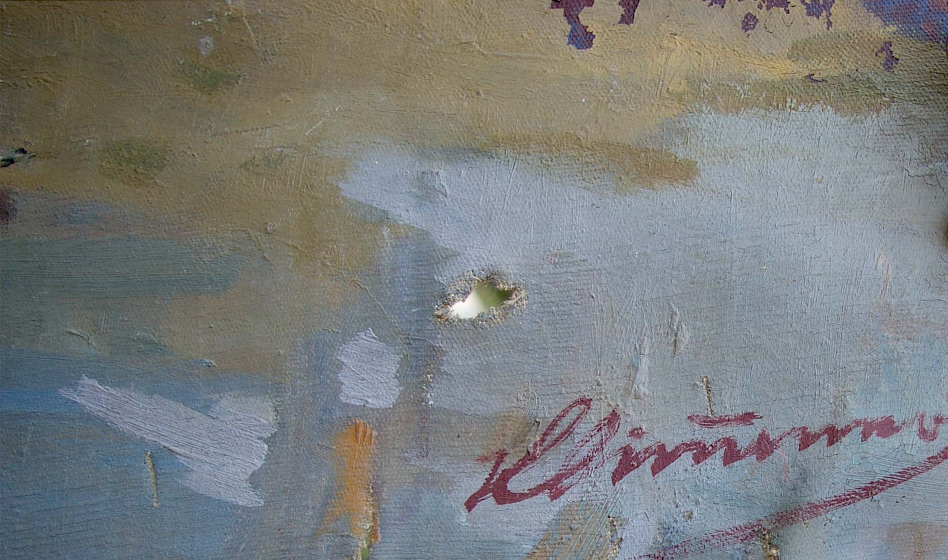 Oil painting Two officers Kvitenko with textured blue beige purple strokes and red signature