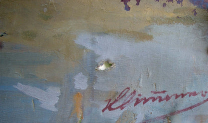 Oil painting Two officers Kvitenko with textured blue beige purple strokes and red signature