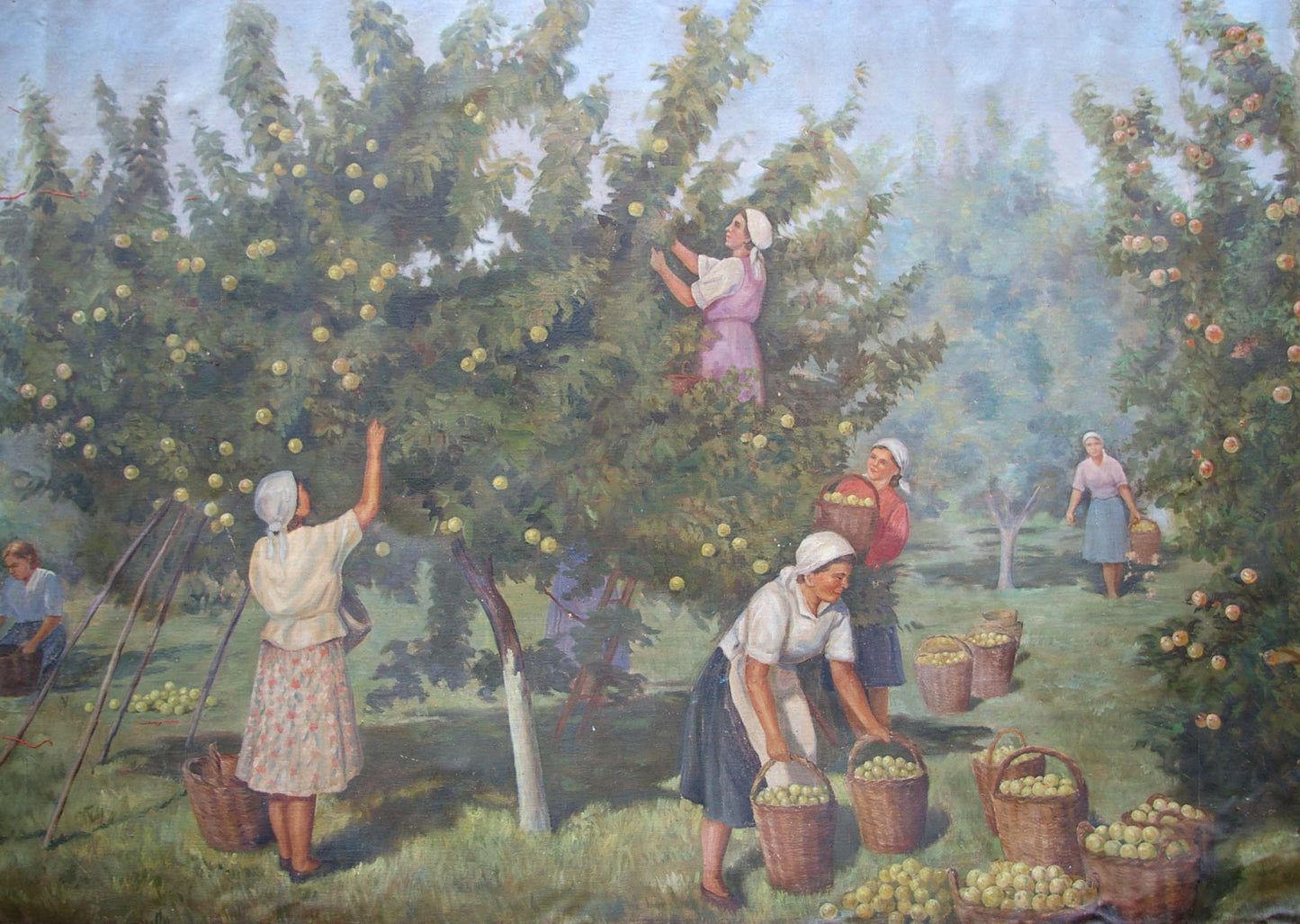 Oil painting of women picking apples in orchard by unknown artist