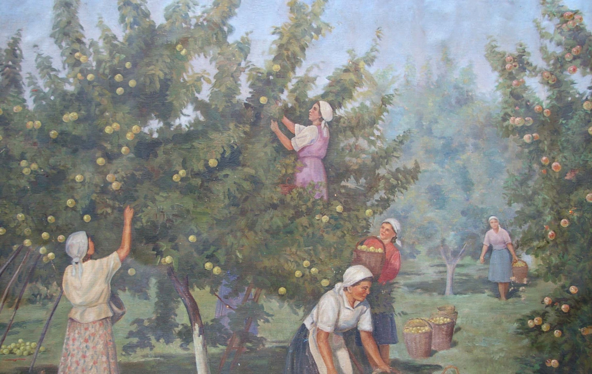 Oil painting of women harvesting apples, unknown artist