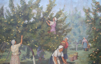 Oil painting of women harvesting apples, unknown artist