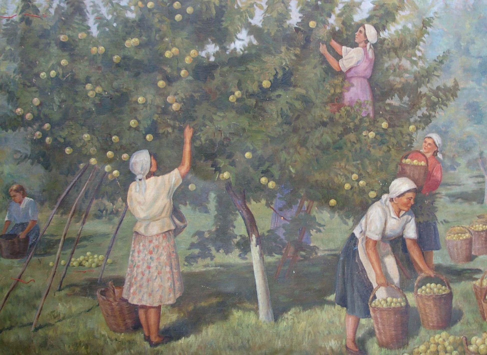 Oil painting of women harvesting green apples, unknown artist