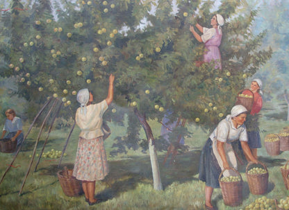 Oil painting of women harvesting green apples, unknown artist