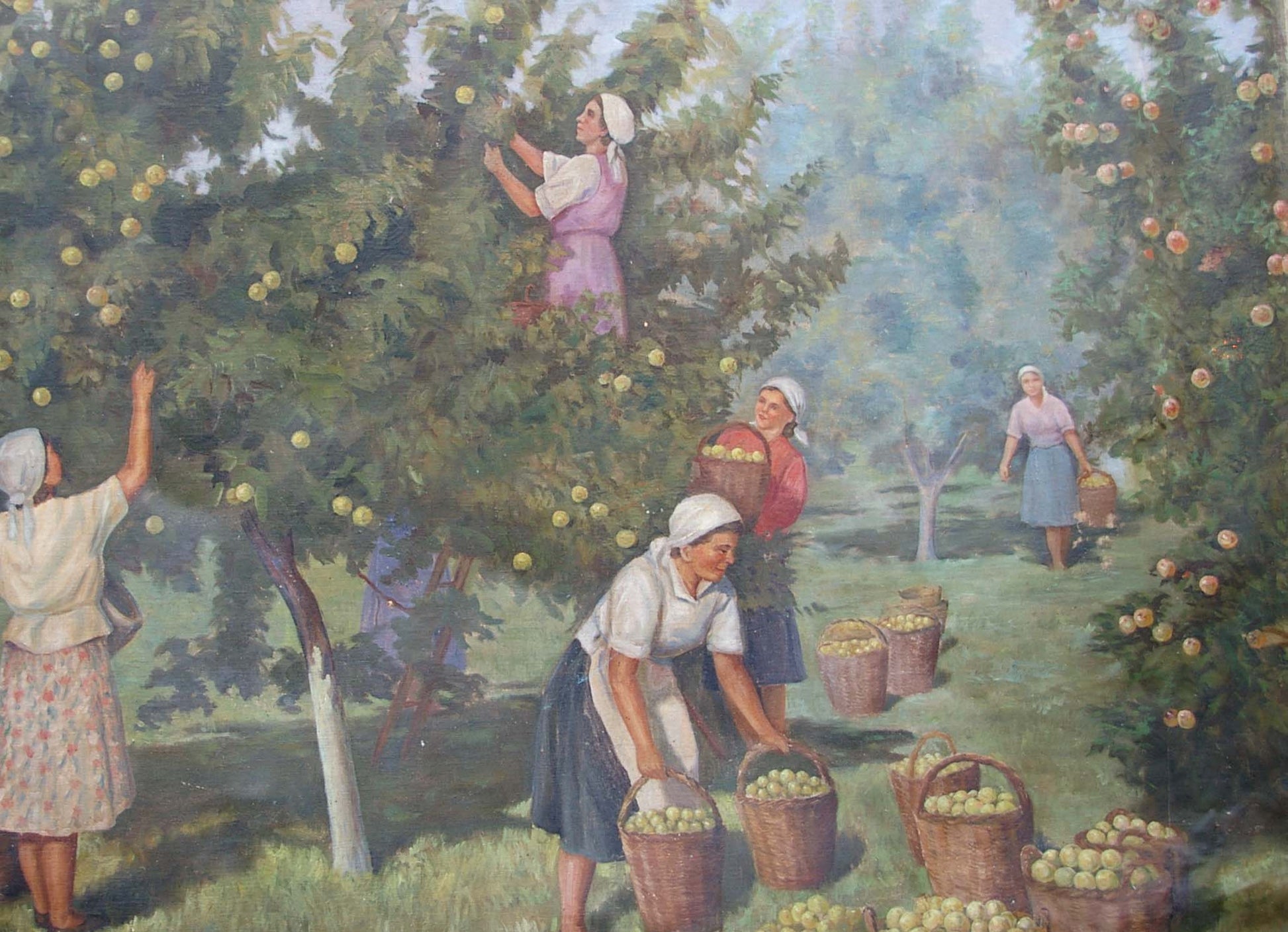 Vintage oil painting of women harvesting apples by unknown artist