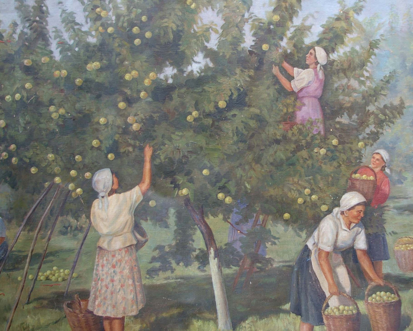 Oil painting of women picking apples by unknown artist