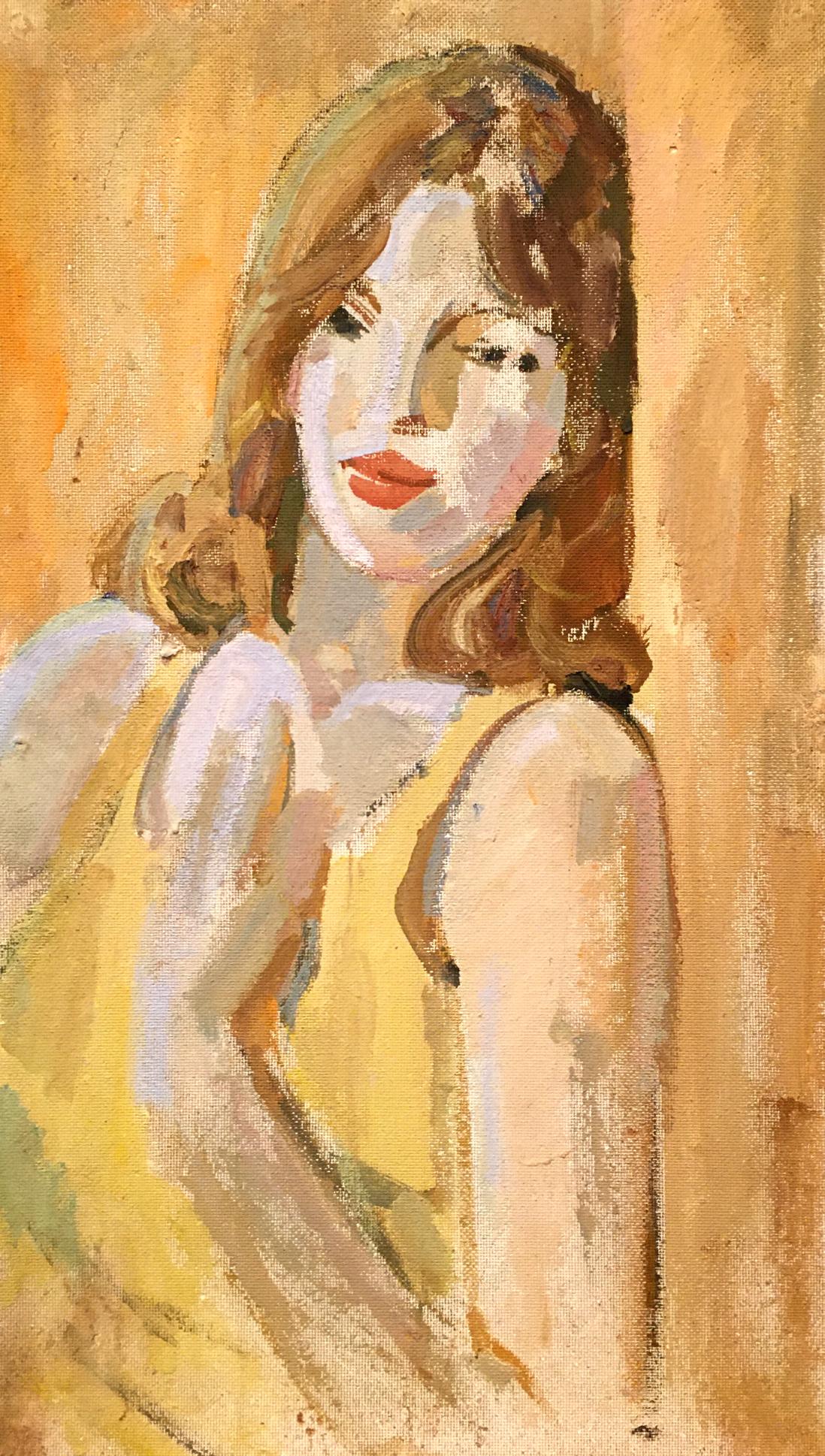 Double oil painting portrait of woman in yellow sleeveless dress