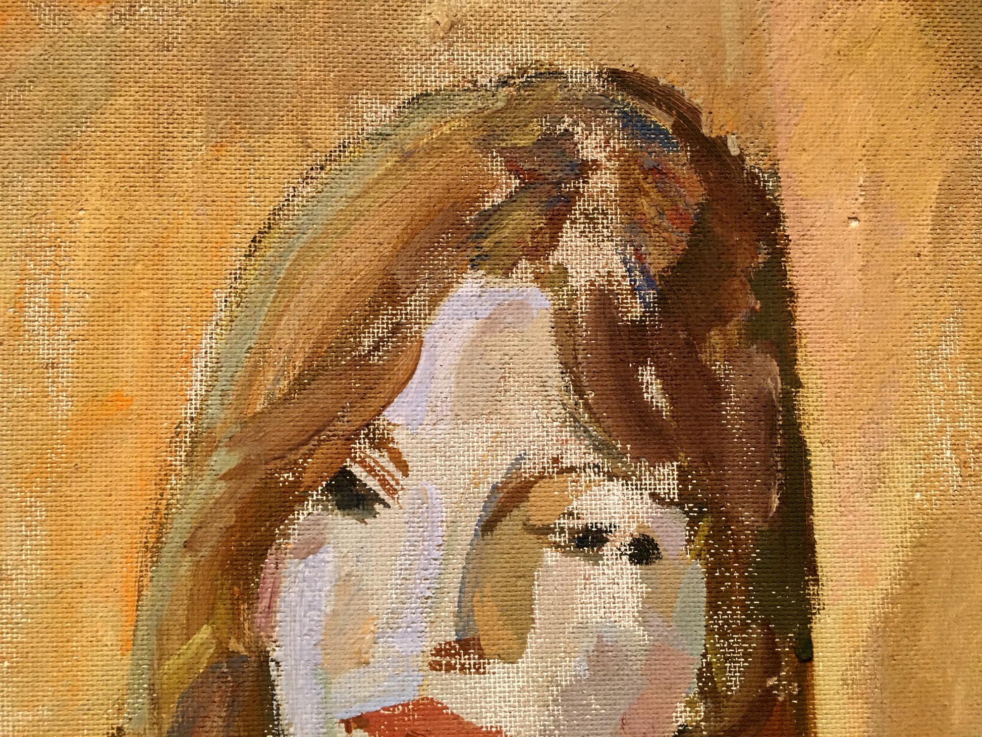 Double oil painting portrait of textured womans face in warm earthy tones