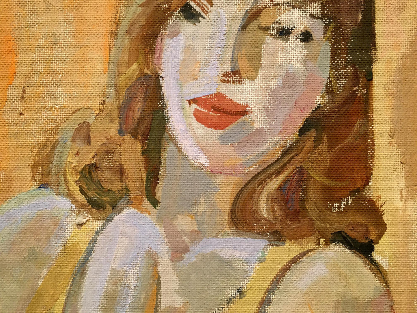 Double oil painting portrait of girl with brown hair, red lips, yellow top