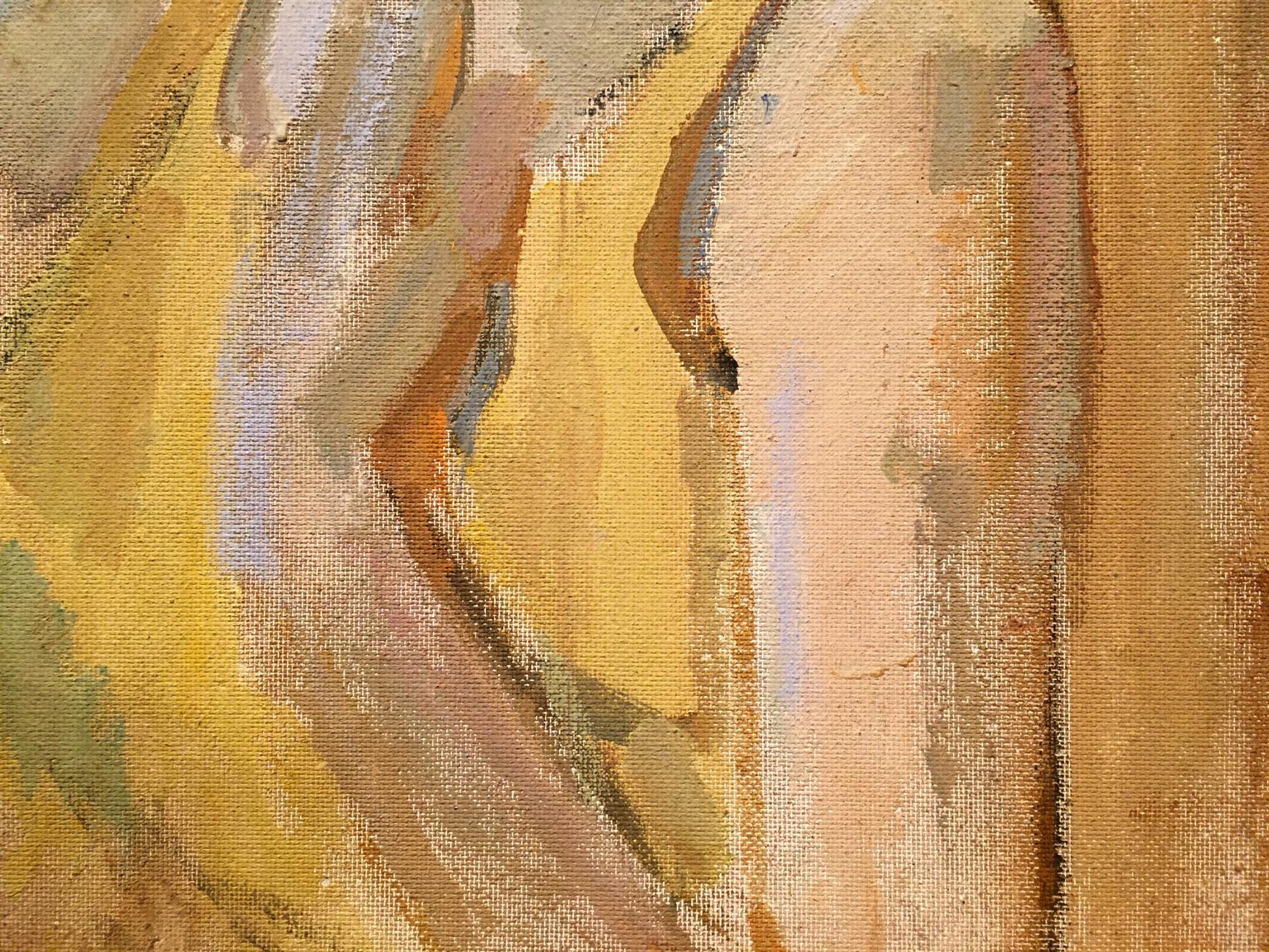 Double oil painting portrait of girl in abstract textured yellow peach brown tones