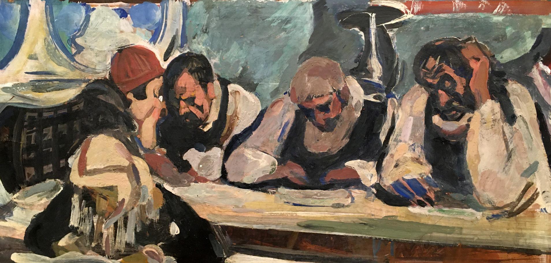 Double oil painting of vibrant impressionistic four men at table
