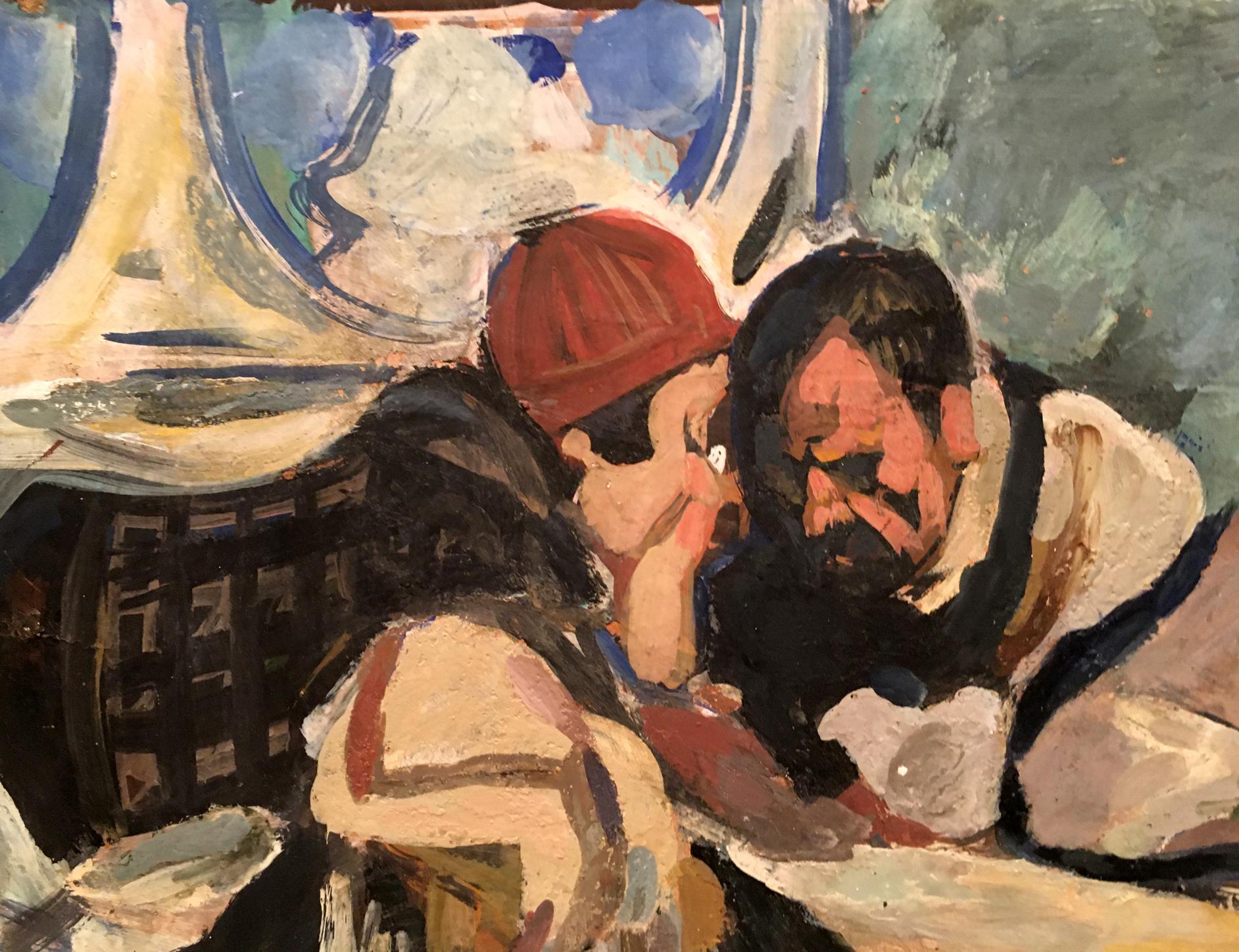 Vibrant double oil painting portrait of intimate girl figures