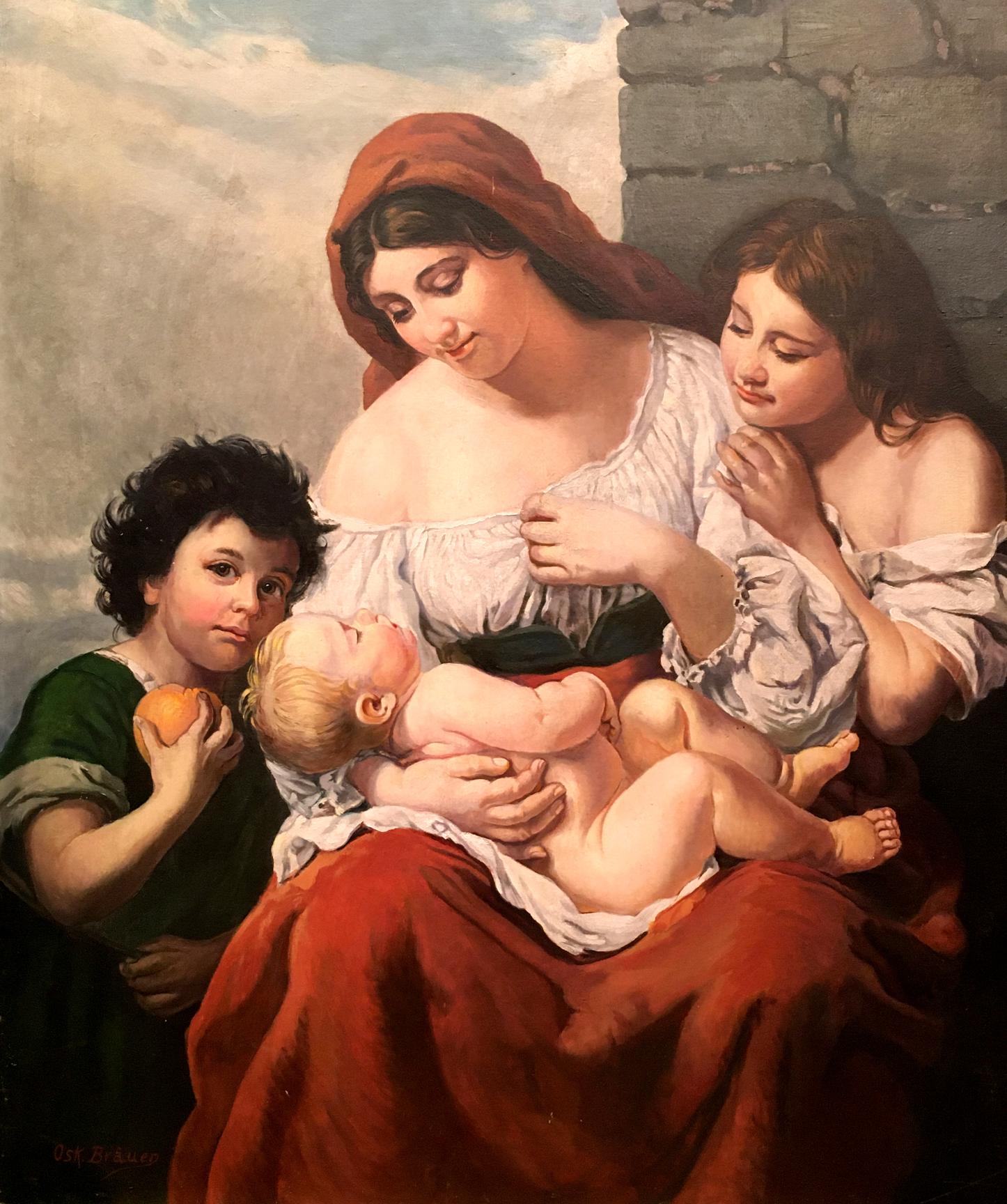 Oil painting by Oskar Brauer: mom in red headscarf with children