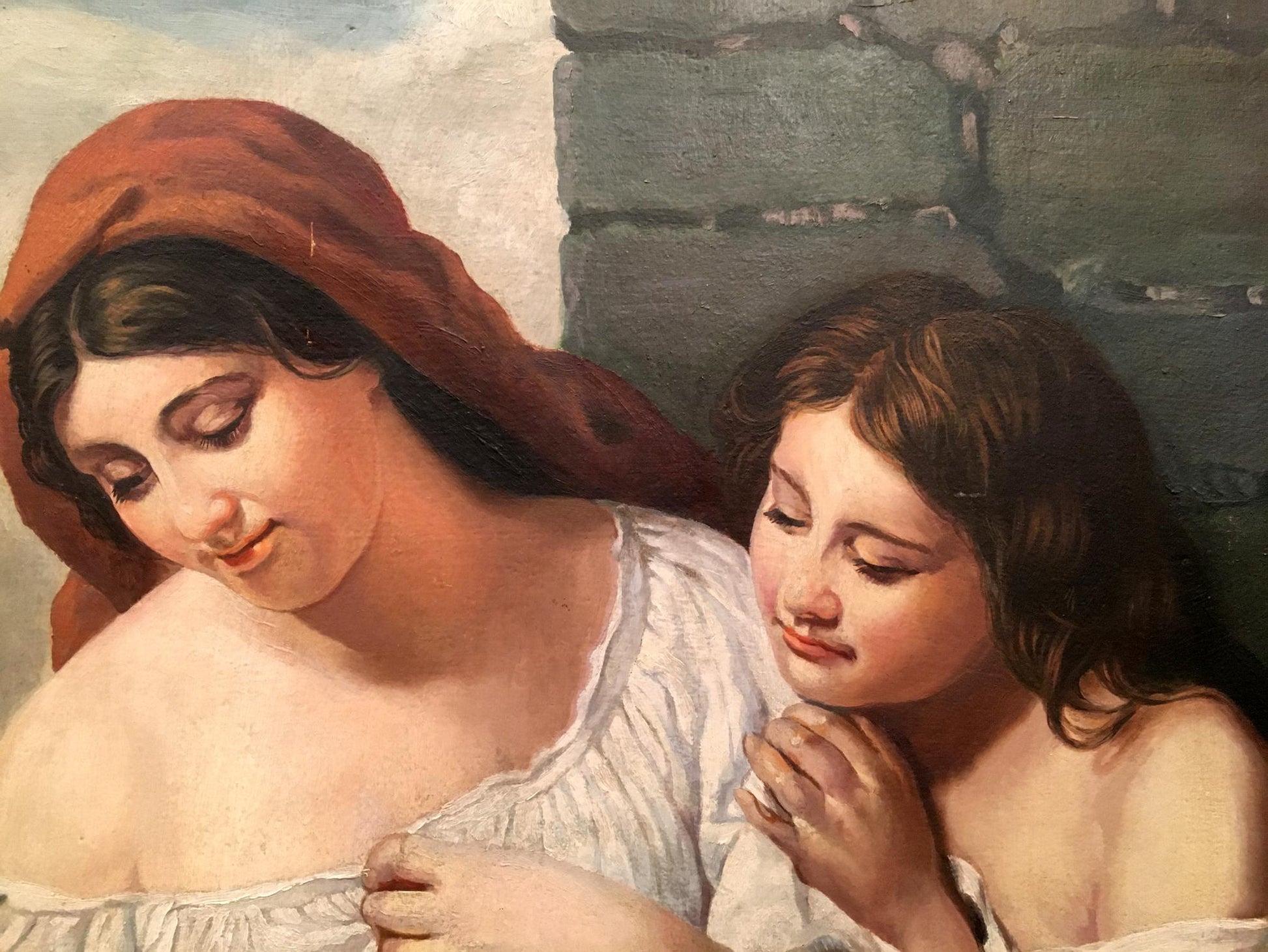 Oil painting portrait of mom with children by Brauer Oskar, two women in red scarf