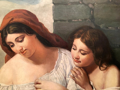 Oil painting portrait of mom with children by Brauer Oskar, two women in red scarf