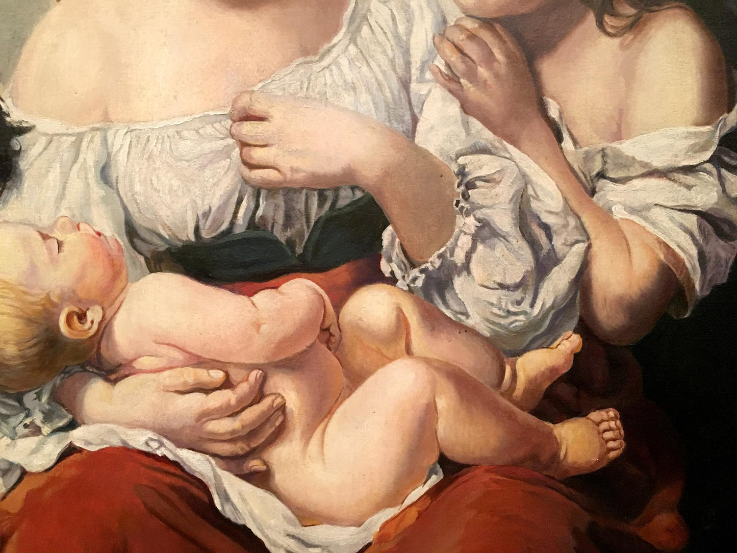 Oil painting portrait of mom with children Brauer Oskar in pale blue satin bonnet