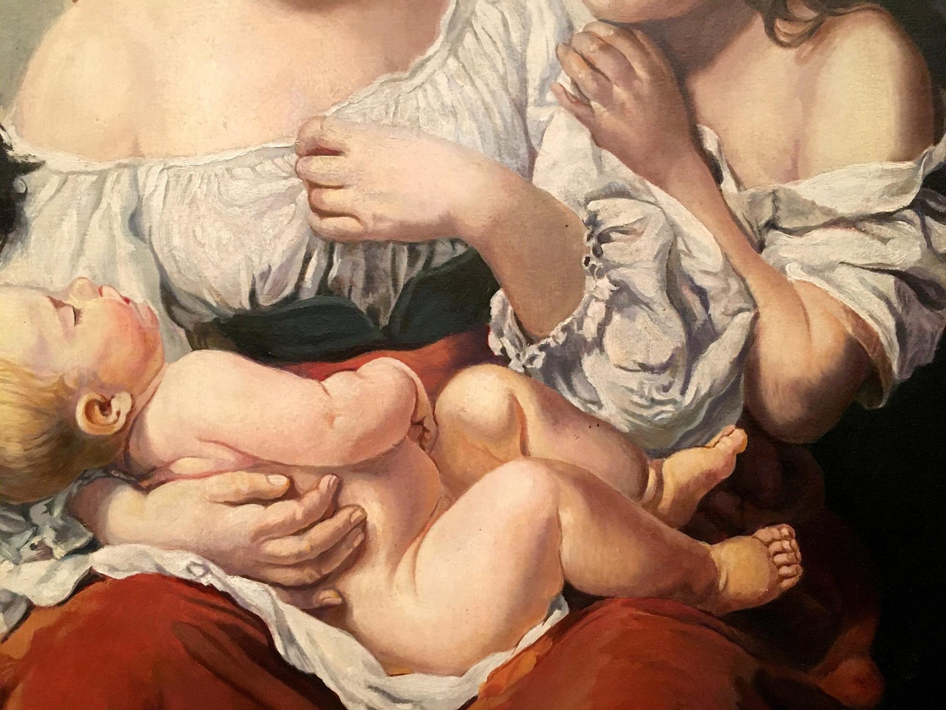 Oil painting portrait of mom with children Brauer Oskar in pale blue satin bonnet