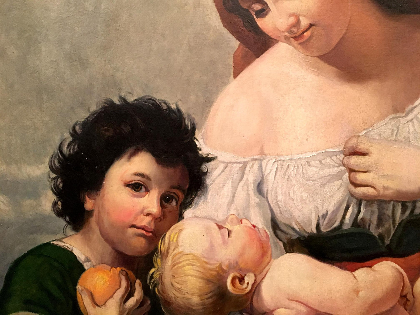 Oil painting portrait of mom with children by Brauer Oskar, lace-trimmed garment