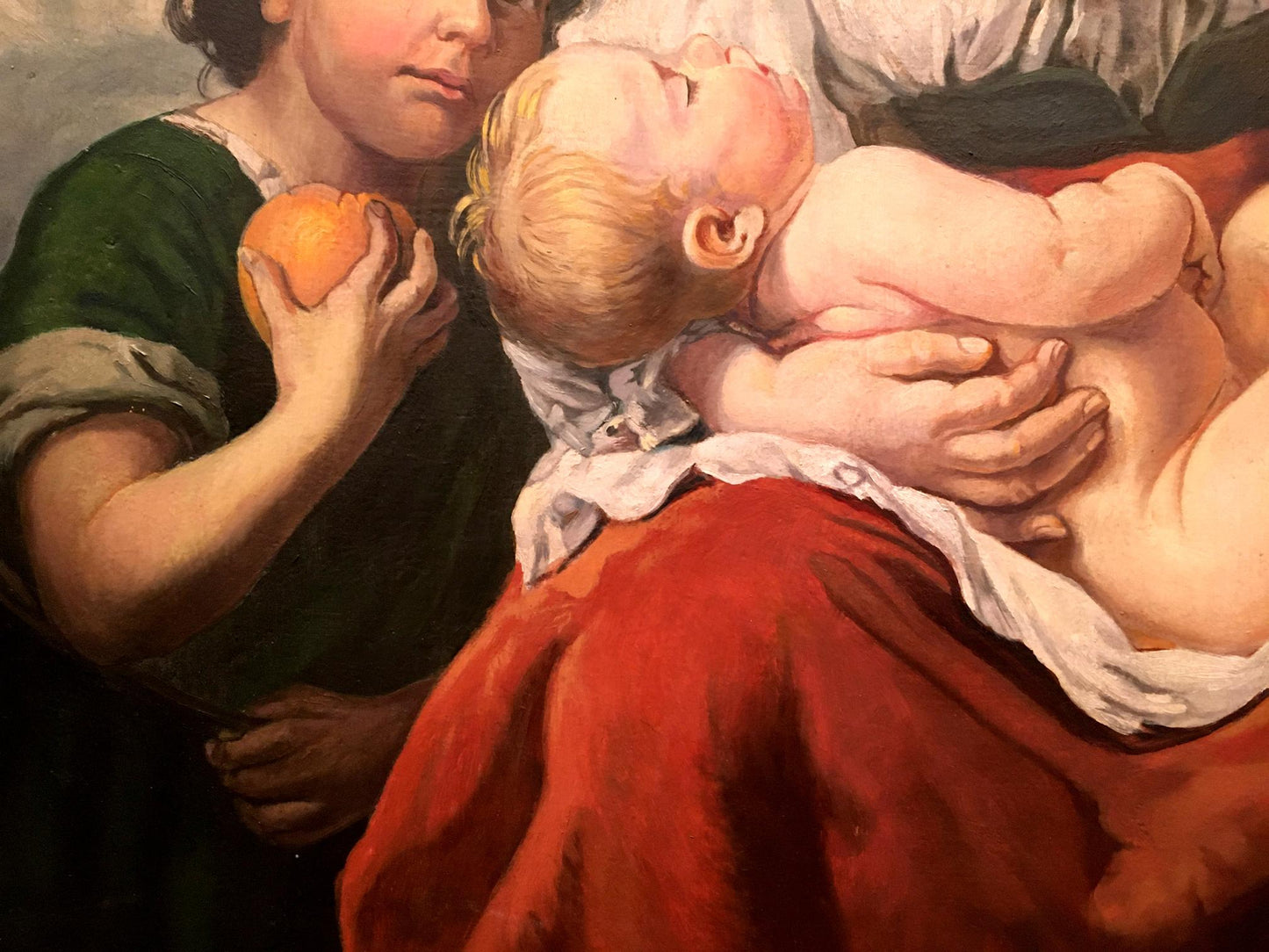 Oil painting portrait by Brauer Oskar: tender baby with fair skin, blonde hair in red fabric