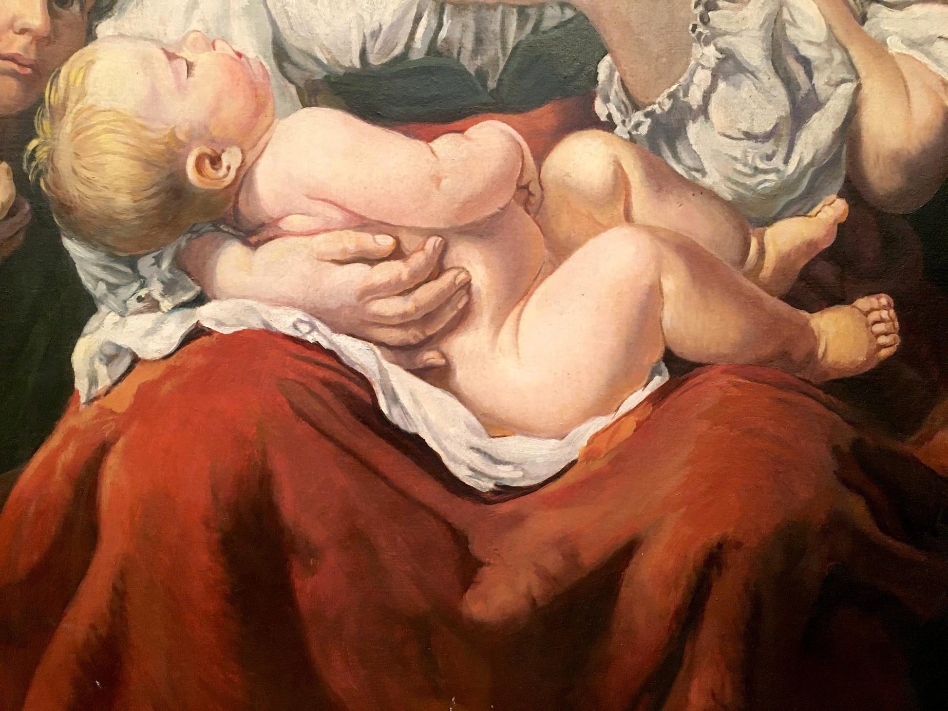 Oil painting portrait by Brauer Oskar: mom cradling chubby blonde baby