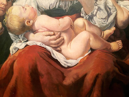 Oil painting portrait by Brauer Oskar: mom cradling chubby blonde baby
