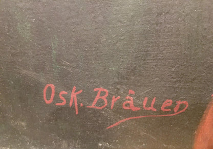 Red cursive osk signature on back of Brauer Oskar oil painting portrait