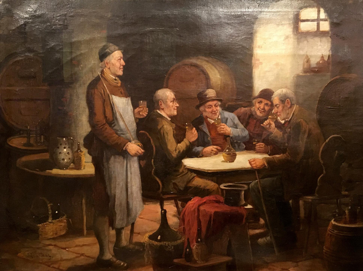 Oil painting by Joseph-Sebastien Constantin of five elderly men in cellar