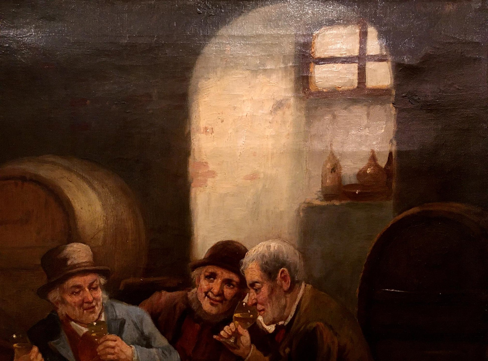 Oil painting by Joseph-Sebastien Constantin of three elderly men sipping wine in rustic cellar