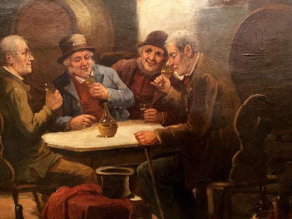 Oil painting by Joseph-Sebastien Constantin of four elderly men sipping wine