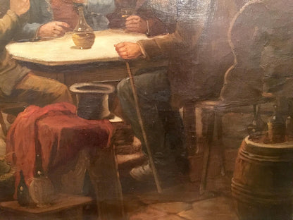 Oil painting of dark textured top hat on red cloth stool by Joseph-Sebastien Constantin