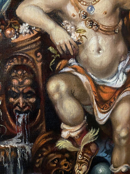 Oil painting Wings of Mercy by Alexander Arkadievich Litvinov, cherubic figure in orange garment