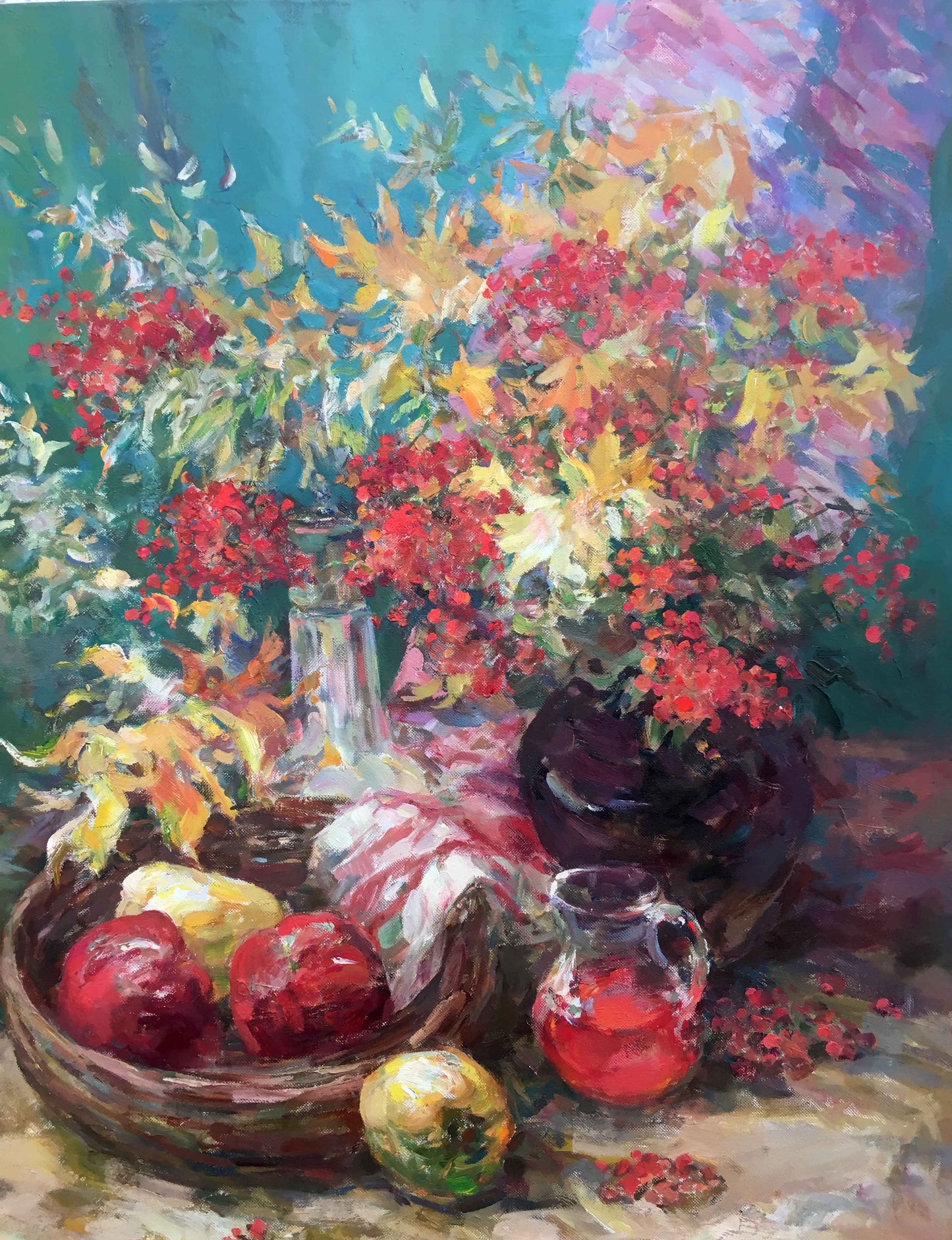 Autumn still life oil painting of basket with red yellow apples on checkered cloth