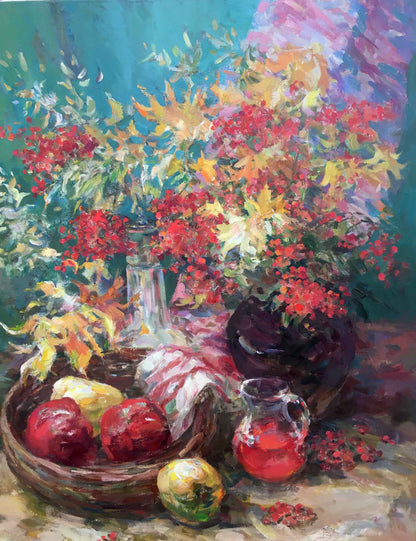 Autumn still life oil painting of basket with red yellow apples on checkered cloth