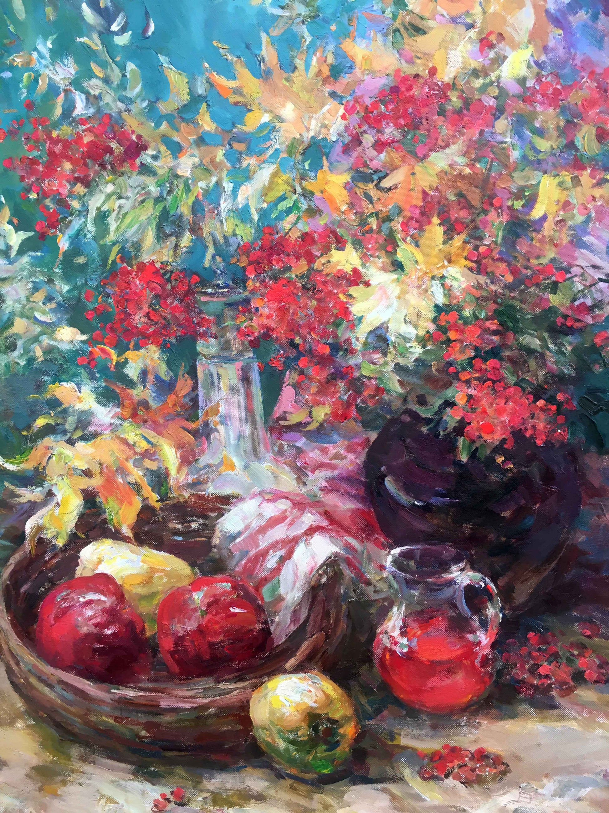 Autumn still life oil painting of basket with red apples and yellow pears