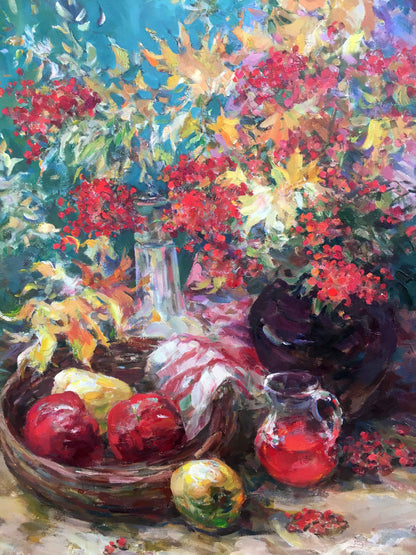 Autumn still life oil painting of basket with red apples and yellow pears