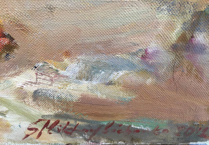 Autumn still life oil painting on textured canvas with beige, green, blue tones