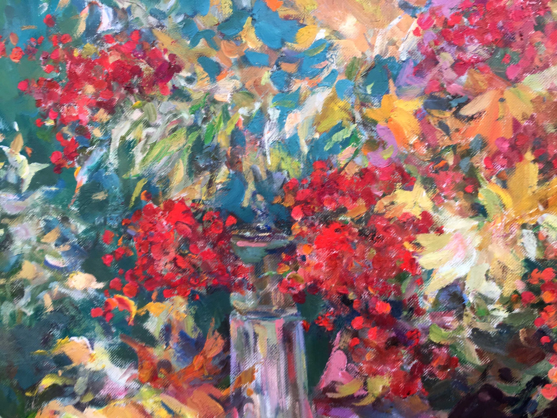 Tall slender vase in muted greens and grays in Autumn still life oil painting