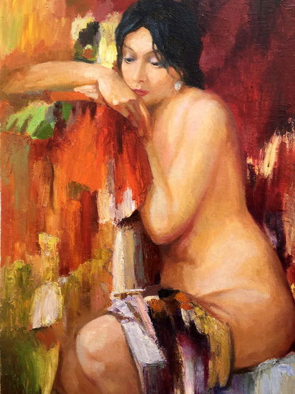 Oil painting of female figure by Serdyuk Boris Petrovich on red